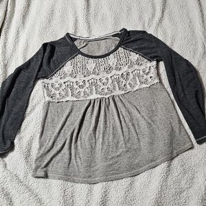 Maurices Charcoal and Light Gray Lace Long Sleeve Top